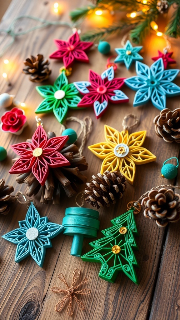 Colorful quilled Christmas ornaments in various shapes displayed on a wooden table with holiday decorations.